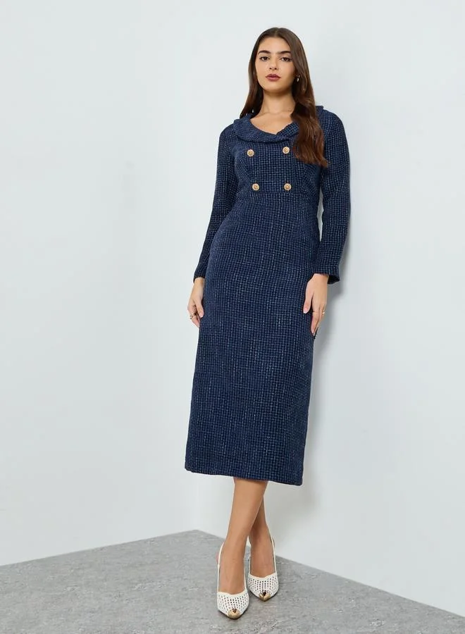 Styli Women Blue Tweed Sheath Maxi Dress